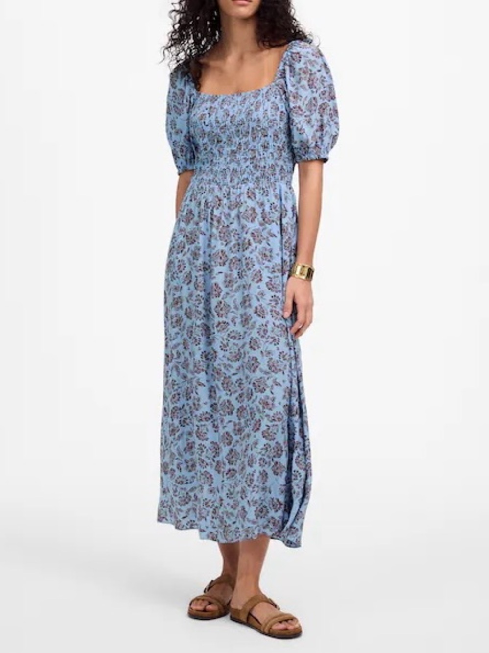 MADEWELL Smocked Puff-Sleeve Midi Dress Blue Brown Floral 6